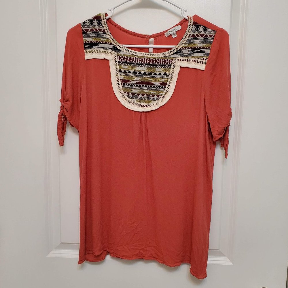 JODIFL Boutique Women's S Small Boho Short Sleeve Top Shirt Blouse Rust Navajo
